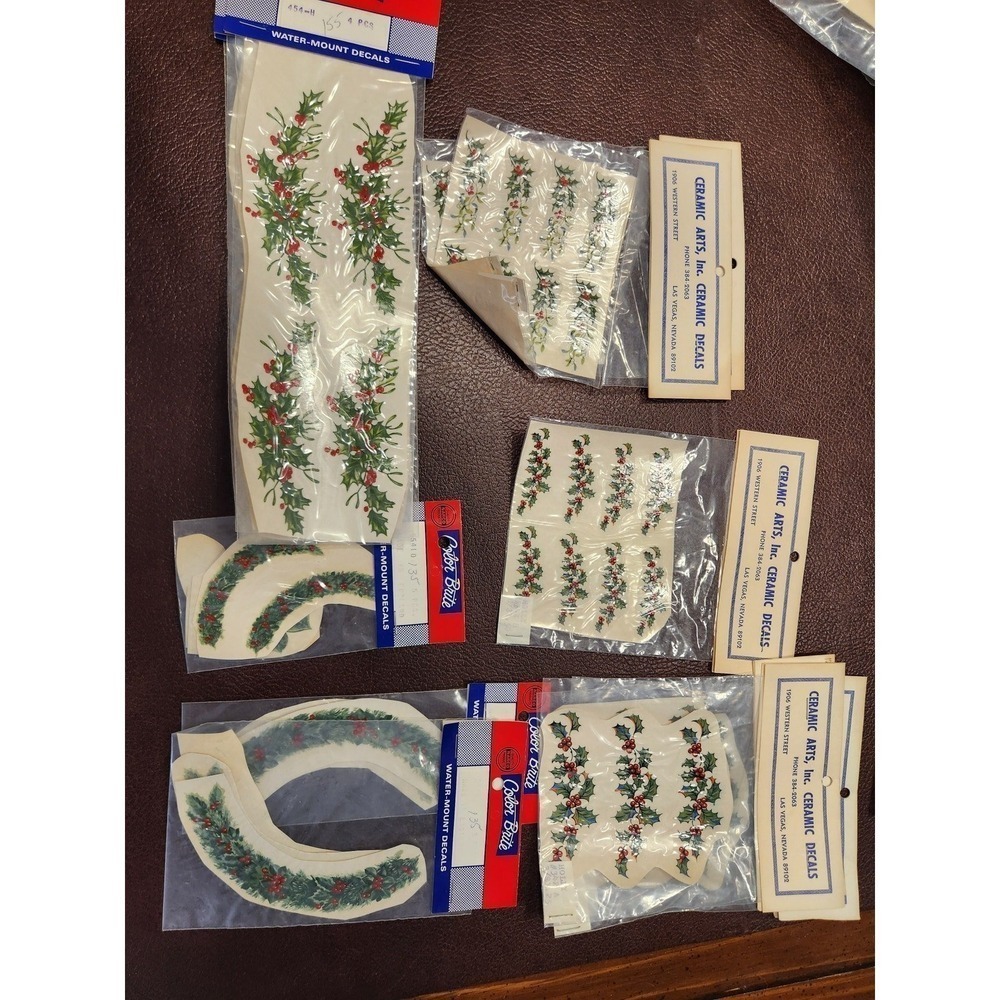 NOS 12 Sets of Vtg 70's Christmas Holly Ceramic Decals‎